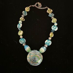 Lovely art glass bead necklace with large pendant blue green &white. EUC